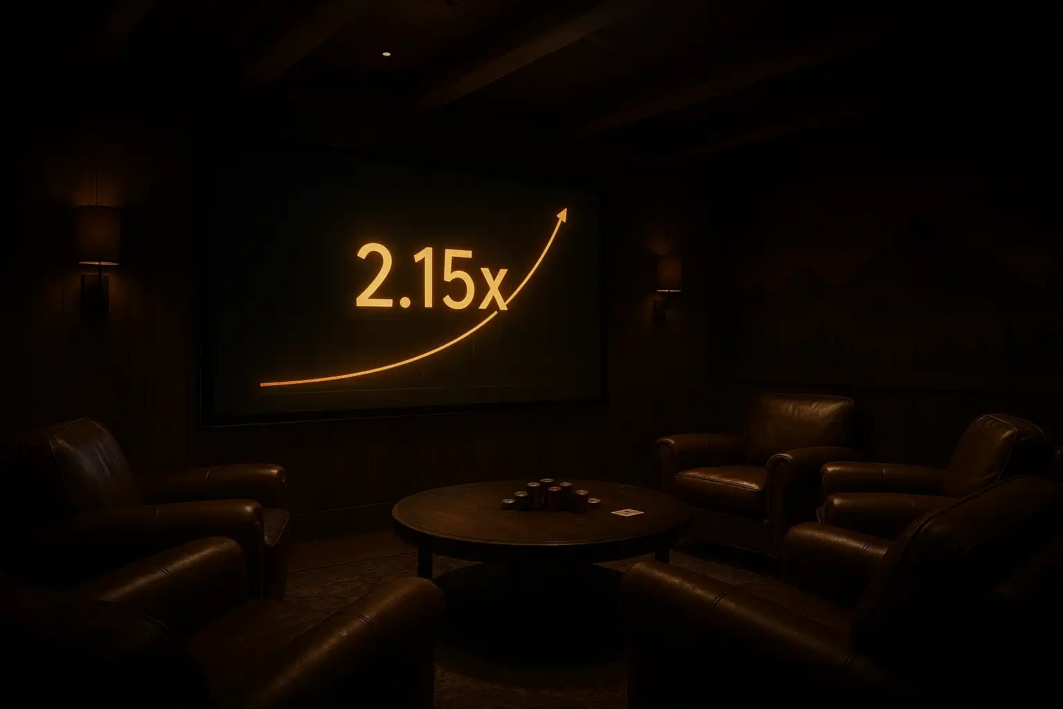 Dim games room inside the chalet with a large screen displaying a rising multiplier graph in gold light