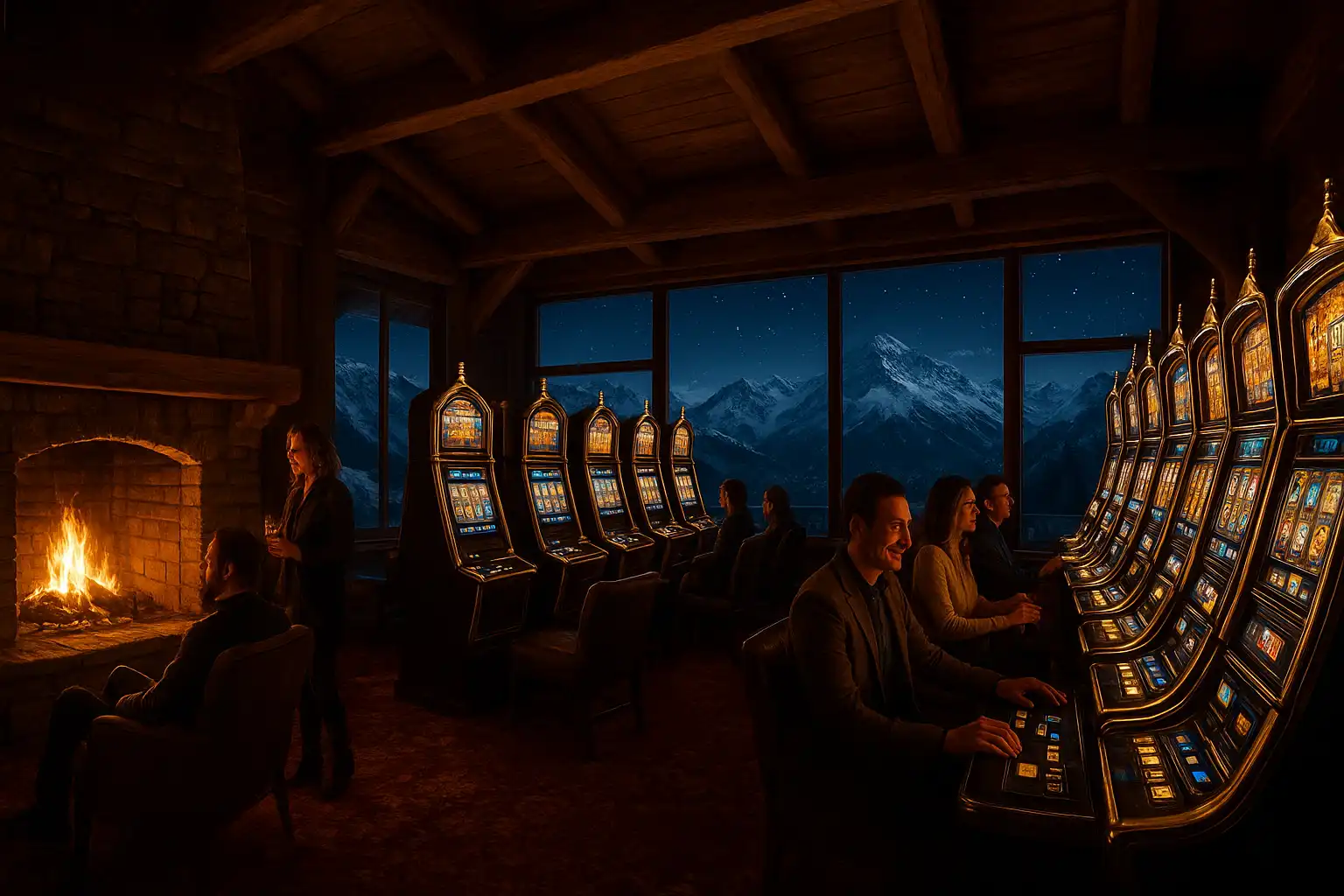 Players enjoying elegant slot machines inside a timber alpine chalet with a stone fireplace and snowy peaks visible through tall windows