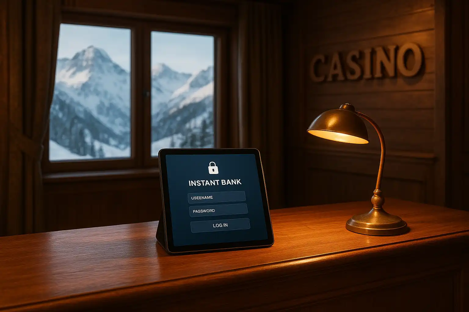 Wooden chalet reception desk with a tablet showing an instant bank login screen next to a warm reading lamp