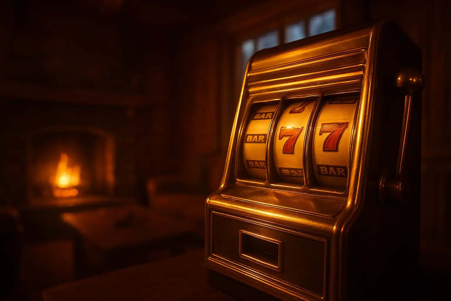 Close-up of an elegant slot machine reel inside a wood-panelled chalet lounge with warm fireplace light