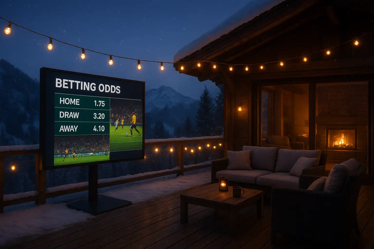 Snowy chalet terrace at dusk with an outdoor screen showing live sports odds and a warm lounge glowing behind glass doors